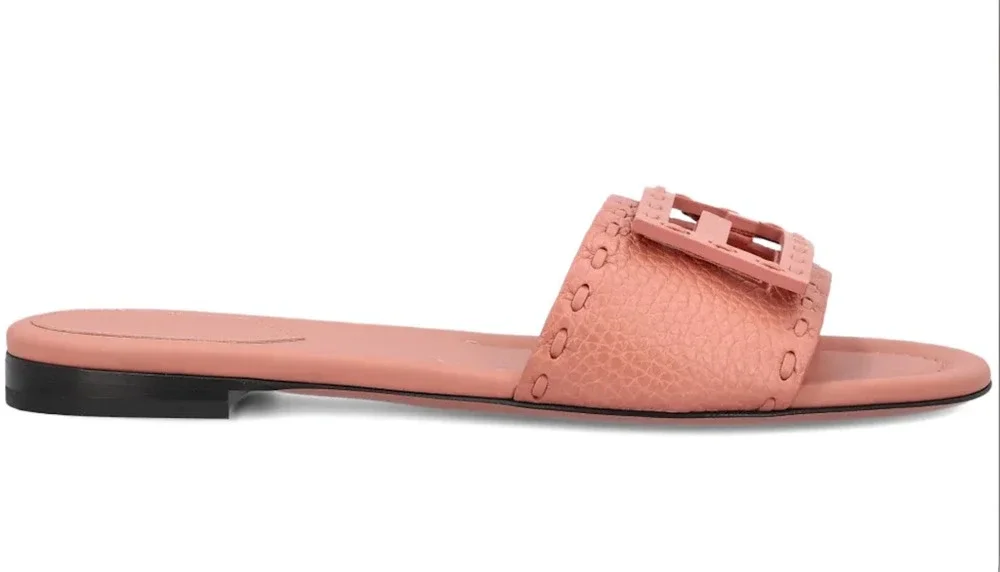 Fendi Baguette Makeup Pink Leather FF Monogram Logo Mule Slide Flat Sandal 37